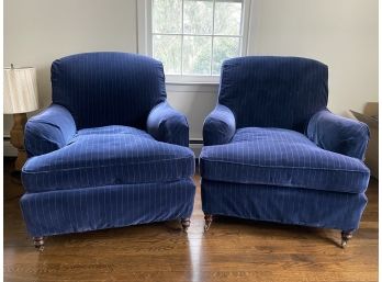 Pair Of Navy Pinstripe Armchairs, Possibly Ralph Lauren *SEE DESCRIPTION