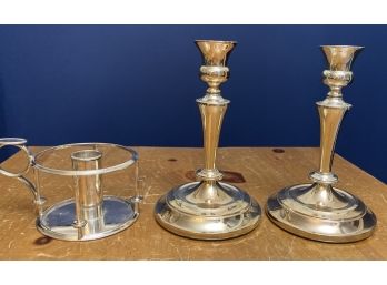 Pair Of Silverplate Candlesticks And Holder