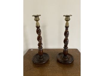Pair Of Unique Wood And Brass Candlesticks