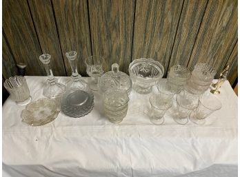 Group Of Carved Glassware And Salt & Pepper Shakers