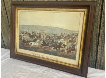Vintage Currier & Ives Lithograph Speeding On The Avenue
