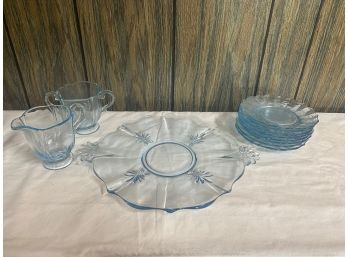 Lovely Set Of Blue Vintage Dishes And Sugar And Creamer  Glasses