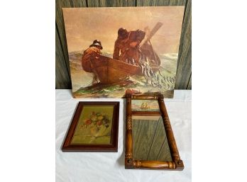 Winslow Homer Print On Cardboard  And Small Reverse Painted Mirror