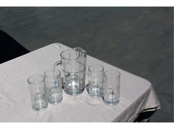 Vintage ANCHOR HOCKING Tartan Plaid Pitcher Clear Glass Square Pattern W/Ice Lip & 4 16oz Tumblers