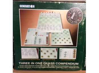 Three In One Glass Compendium Chess Set, Checkers And Backgammon