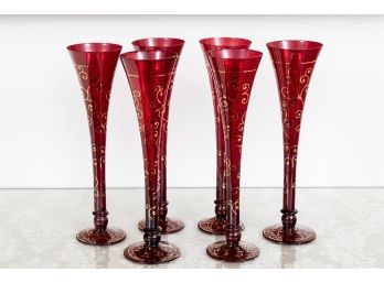 Set Of Six Ruby Red Gilt Decorated Champagne Flute Glasses