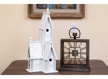 Decorative Wood Distressed Bird House + Metal Mantel Clock
