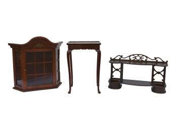 Bombay Wall Mount Curio Cabinet, Bombay Side Table And Carved Wood Hanging Wall Shelf  With Plant Display