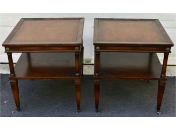 Pair Of Vintage Leather Top End Tables On Brass Casters (Restoration Project)