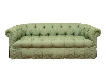 Custom Button Tufted Green Damask Upholstered Sofa