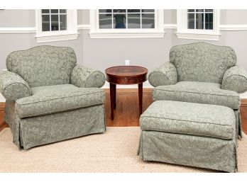 Pair Of Schnadig Damask Upholostered Club Chairs And Ottoman