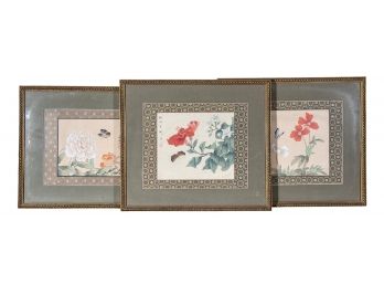 Set Of Three Signed Chinese Decorative Floral And Butterfly Framed Pictures