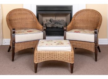 Pair Of Pier I Imports Wicker Chairs, Ottoman And Cushions.