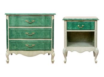 Set Of Two Custom Painted Faux Marble Wood Three Drawer Chest And Nightstand