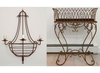 Decorative Metal Plant Stand And Three Arm Wall Candle Sconce