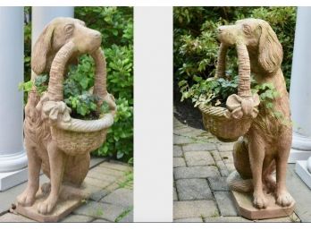 Pair Of Cast Stone Dog Figurine Planters