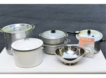 Collection Of Pots And Pans - Enamel Pot, Pressure Cooker And More