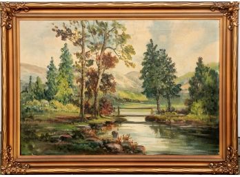 Oil On Canvas Landscape Painting In A Carved Wooden Frame
