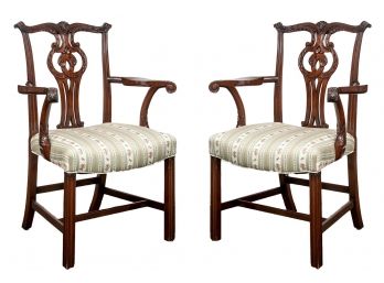 Pair Of Chippendale-style Carved Mahogany Wood Arm Chairs
