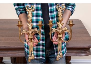 Pair Of Brass Bow And Tassel Double Arm Wall Candle Sconces