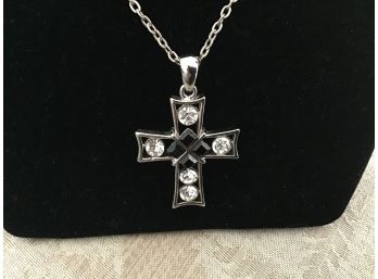 Clear And Jet Rhinestone Cross With Silver Chain