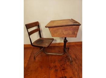 Antique Student Desk With Attached Swivel Chair And Iron Base - 3