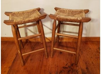 2 Vintage Woven Rush Barstools