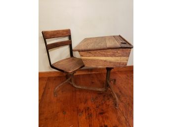 Antique Child School Desk With Attached Swivel Chair And Iron Base - 1