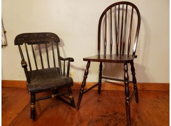Antique Windsor Brace Back & Child's Stencil Arm Rocker