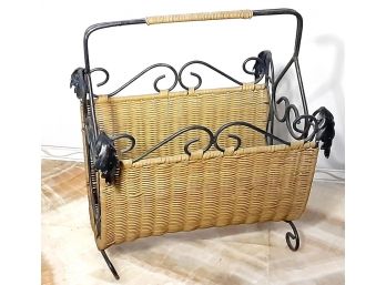 Wicker And Wrought Iron Magazine Or Organizer Rack Holder