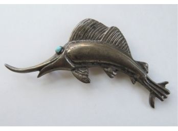 Vintage 925 Sterling Silver Sailfish Marlin Swordfish Brooch Pin Turquoise Eye