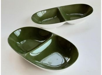 Set 0f 2 Mid Century  Modern Designer Lagardo Tackett Schmid Porcelain Two Section Dishes In Olive Green.