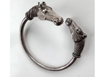 Classy Equestrian Chic Double Horse Head Bypass Design Silver Tone Cuff Bracelet