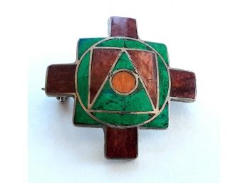 Vintage 950 Sterling Multi-Stone Inlaid Inca Peru Chakana Cross Pendant/Brooch