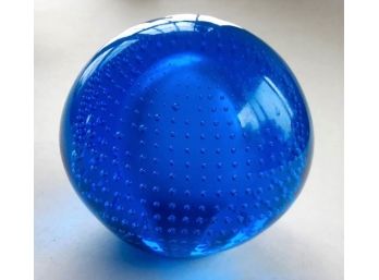 Cobalt Blue Art Glass Concentric Circle Controlled Bubble Paperweight