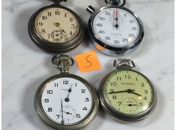 (Lot 5) Group Lot Two Antique Pocketwatches & Two Stopwatches GREAT LOT !