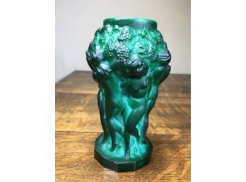 Fantastic Vintage ' Malachite Glass ' Art Deco Vase Bohemian - With Nudes GREAT PIECE !
