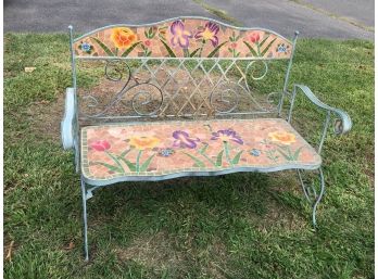 Great Wrought Iron Garden Bench With Tile Inlays - Great Weathered Patina / Nice Little Bench