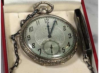 (lot 4) Beautiful Very Ornate ELGIN 14kt Gold Filled Pocketwatch W/sterling Clip & Chain