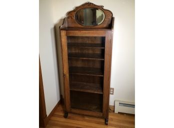 Very Nice Looking Antique Oak Book Case / Display Cabinet With Beveled Mirror & Original Key - 1920's