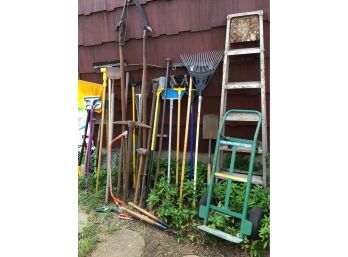 GREAT Yard Tool Lot - Brooms, Ladder, Rakes, Shovels, Handtruck, Axes, Pruners, Hoes, Mops - BIG LOT !
