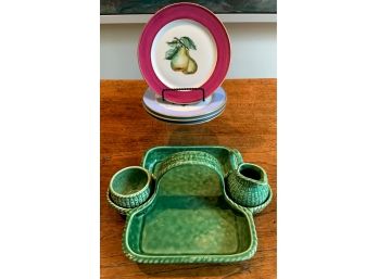 Green Ceramic Basket Platter And Set Of 4 Dessert Plates