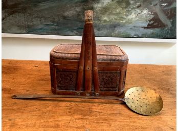 Antique Large Metal Noodle Spoon And Asian Basket