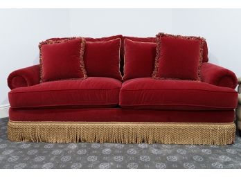E J Victor Red Velvet Sofa With Twisted Cord Fringe Skirt
