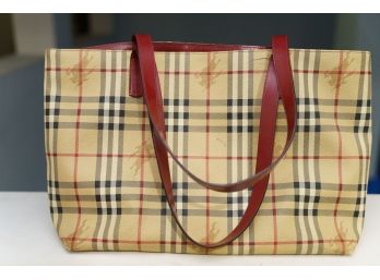 Authentic Vintage Burberry London Tote With Cherry Red Handles