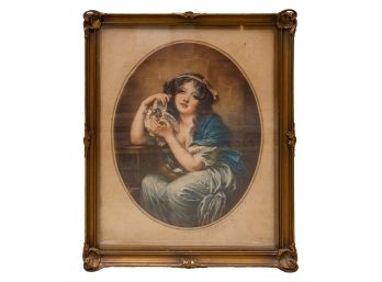Vintage Reproduction Print Portrait Of Woman Holding Birds, Framed In Gilt Frame - Illegibly Signed