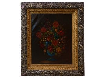 Antique Signed Oil On Canvas Floral Still-Life With Intricately Carved Silver And Gold Gilt Frame