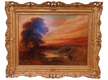 Antique Oil On Canvas Landscape Painting With Ornate Gilt Wood Frame
