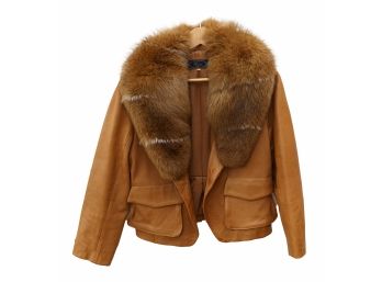 Vicari Roma Ladies Brown Leather Jacket With Fur Collar- European XL