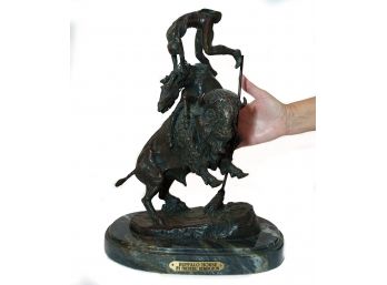 Signed Frederic Remington Buffalo Horse Solid Bronze Sculpture On Marble Base